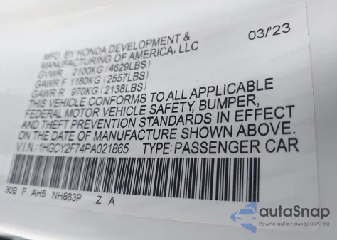 2023 Honda Accord Hybrid Sport-L из США, поврежденный, VIN 1HGCY2F74PA021865